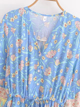 Boho Mini Dress – Blue Floral Tunic Sundress with Bell Sleeves Elowen