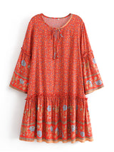 Boho Mini Dress – “Crimson Meadow” Red Floral Tunic Dres in Red & Black