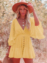 Boho Mini Dress – Boho White Dres –“Whisper Light” Batwing Sleeve Mini Sundress with Buttons