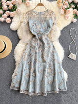 Vintage Boho Midi Dress - Blue Amelia | Embroidered Lace Bohemian Style Dress