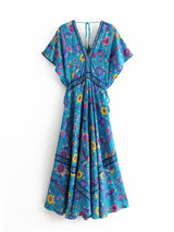 Bohemian Maxi Dress – “Mirage” Flowing Festival Gown Boho Beach Dress in Blue and Red