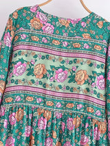 Bohemian Maxi Gown – “Emerald Wildflower” Green Floral Long Sleeve Tie-Neck Dress
