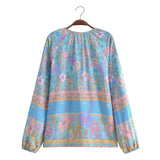 Boho Top for Women – Bohemian Blouse - Freya Pink & Blue Floral Long Sleeve Top