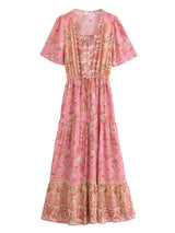 Bohemian Maxi Dress – “Rosewater Bloom” Pink Floral Tie-Neck Pleated Maxi Dress