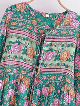 Bohemian Maxi Gown – “Emerald Wildflower” Green Floral Long Sleeve Tie-Neck Dress