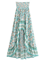 Boho High-Low Skirt – Indira Smocked Waist Floral Maxi Skirt in Navy and Green