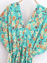 Bohemian Maxi Dress – “Jade Garden” Green Floral Batwing Tie-Waist Maxi Dress