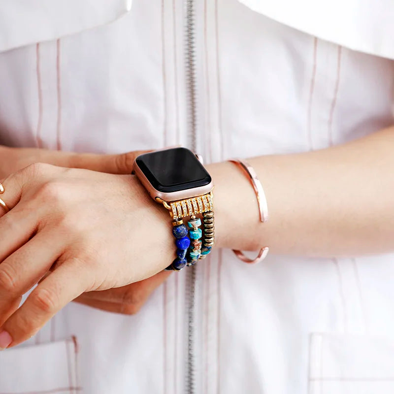 Boho Apple Watch Band - Gold Lapis Jaspers Beads Wrist Stretch Bracelet