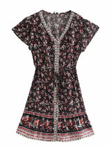 Boho Mini Dress – “Midnight Bloom” Button Front Floral Dress in Black & Pink