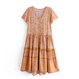 Boho Mini Dress – “Orchid Mosaic” Floral V-Neck Short Sleeve Mini Dress