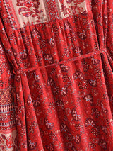 Boho Maxi Dress – “Desert Mosaic” Long Sleeve Printed Gown in Dusty & Red