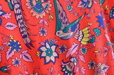 Boho Summer Dress – Soleil Short Sleeve Mini Dress with Bird and Floral Print (Red & Purple)