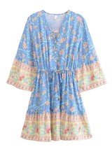 Boho Mini Dress – Blue Floral Tunic Sundress with Bell Sleeves Elowen