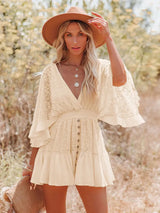 Boho Mini Dress – Boho White Dres –“Whisper Light” Batwing Sleeve Mini Sundress with Buttons