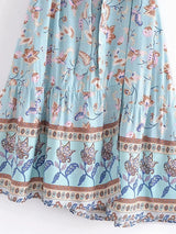 Boho Midi Dress – Isla Light Blue Wrap Style Dress with Tie Waist and Boho Print