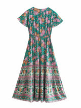 Boho Summer Dress – “Rosevine Dream” Button Front Maxi Sundress in Green & Pink