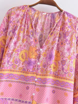 Boho Top for Women – Bohemian Blouse - Freya Pink & Blue Floral Long Sleeve Top