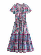 Boho Summer Dress – “Rosevine Dream” Button Front Maxi Sundress in Green & Pink