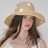 Boho Bucket Hat - Polka Dot Raffia Wide Brim Hat