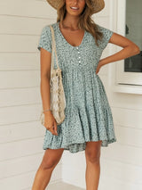 Boho Mini Dress – “Sage Bloom” Flowy Casual Dress for Women