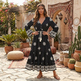 Bohemian Maxi Gown – “Starlit Nomad” Floral Long Sleeve Tassel Dress