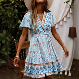 Boho Midi Dress – Isla Light Blue Wrap Style Dress with Tie Waist and Boho Print
