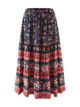 Boho Maxi Skirt – “Midnight Peony” Floral Print Skirt in Navy & Rose Stripe