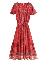 Bohemian Mini Dress – “Rosy Caravan” Flowy Red Floral Dress Summer Sundress in Red & Sand