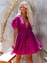 Boho Mini Dress – Boho White Dres – “Bare Grace” Deep V Ruffle Sleeve Mini Sundress