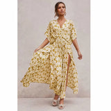 Boho Maxi Dress – “Oroslavje Wild Flora” Floral Summer Dress in Blush Pink and Mustard