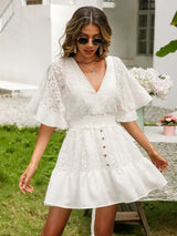 Boho Mini Dress – Boho White Dres –“Whisper Light” Batwing Sleeve Mini Sundress with Buttons