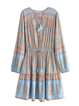 Boho Mini Dress – “Apricot Sky” Light Blue Floral Long Sleeve Tie-Neck Dress