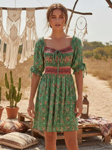 Boho Mini Dress – “Meadow Serenade” Floral Short Sleeve Summer Sundress