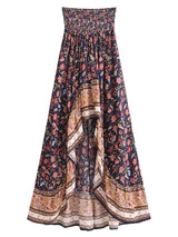 Boho High-Low Skirt – Indira Smocked Waist Floral Maxi Skirt in Navy and Green
