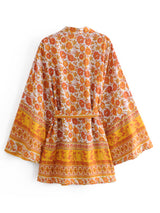 Boho Kimono Robe – “Saffron Sun” Yellow Floral Short Cover-Up for Beach & Lounge