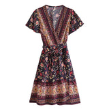 Boho Mini Dress – Summer Dress – “Sunset Garden” Short Sleeve V-Neck Floral Wrap Sundress in Black, Blue & Pink