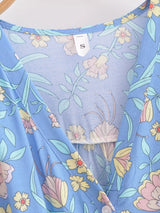 Boho Mini Dress – Blue Floral Tunic Sundress with Bell Sleeves Elowen