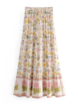 Boho Maxi Skirt – “Petal Drift” Soft Floral Skirt in Pastel Blush with Tassel Waist