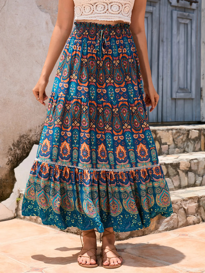 Boho Maxi Skirt - Hippie Style in Blue Peacock