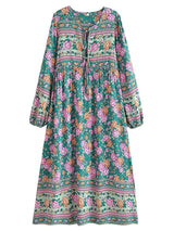 Bohemian Maxi Gown – “Emerald Wildflower” Green Floral Long Sleeve Tie-Neck Dress