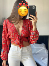 Boho Top for Women – Bohemian Blouse - “Olive Meadow” in Beige & Red