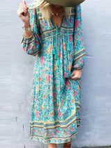 Bohemian Maxi Gown – “Wildfolk Garden” Floral Long Sleeve Dress in Turquoise Bloom