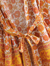 Boho Kimono Robe – “Saffron Sun” Yellow Floral Short Cover-Up for Beach & Lounge