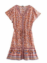 Boho Mini Dress – “Midnight Bloom” Button Front Floral Dress in Black & Pink