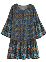 Boho Mini Dress – “Crimson Meadow” Red Floral Tunic Dres in Red & Black