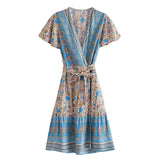 Boho Mini Dress – Summer Dress – “Sunset Garden” Short Sleeve V-Neck Floral Wrap Sundress in Black, Blue & Pink