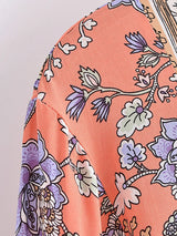Boho Top for Women – Bohemian Blouse - “Terracotta Folk” Vintage Floral Printed Shirt in Pink & Green
