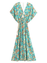 Bohemian Maxi Dress – “Jade Garden” Green Floral Batwing Tie-Waist Maxi Dress