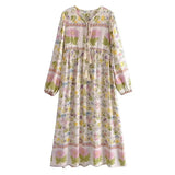 Bohemian Maxi Dress – “Buttercup Reverie” Pastel Floral Long Sleeve Boho Maxi Dress