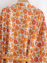 Boho Kimono Robe – “Saffron Sun” Yellow Floral Short Cover-Up for Beach & Lounge